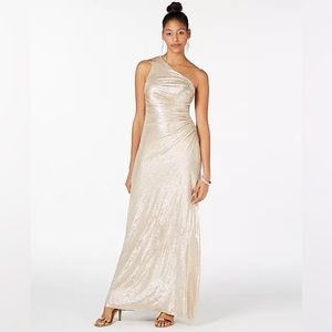 CALVIN KLEIN One-Shoulder Metallic Gown Size 10 Dress Gold Champagne